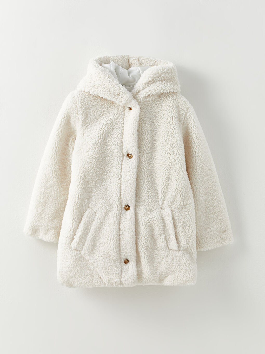 Ekru Kapüşonlu Pelüş Kız Çocuk Kaban
