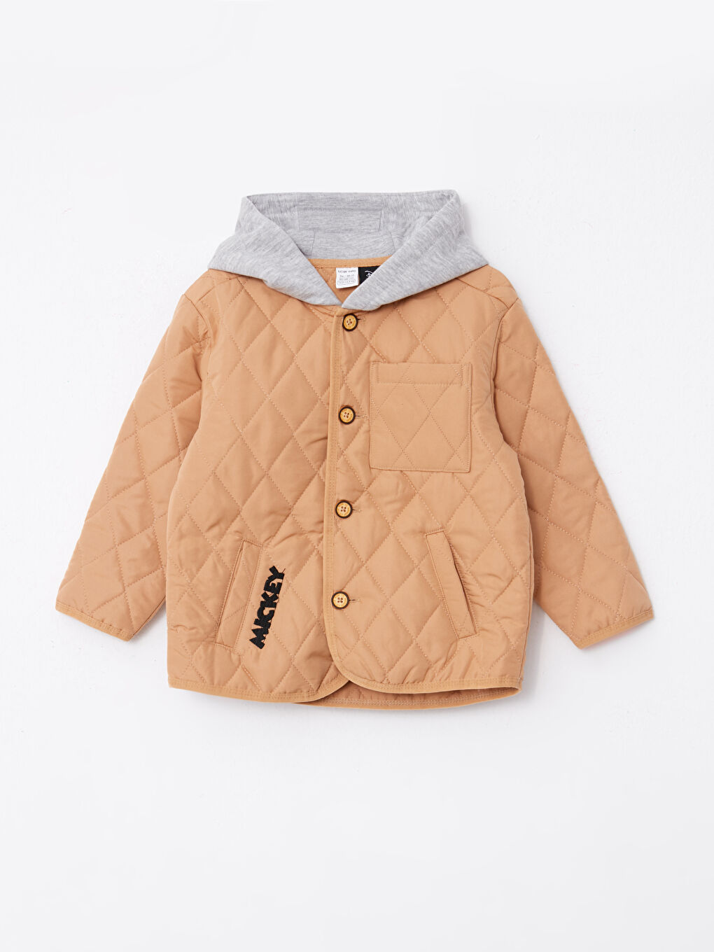 Bej Kapüşonlu Mickey Mouse Baskılı Uzun Kollu Erkek Bebek Mont-2