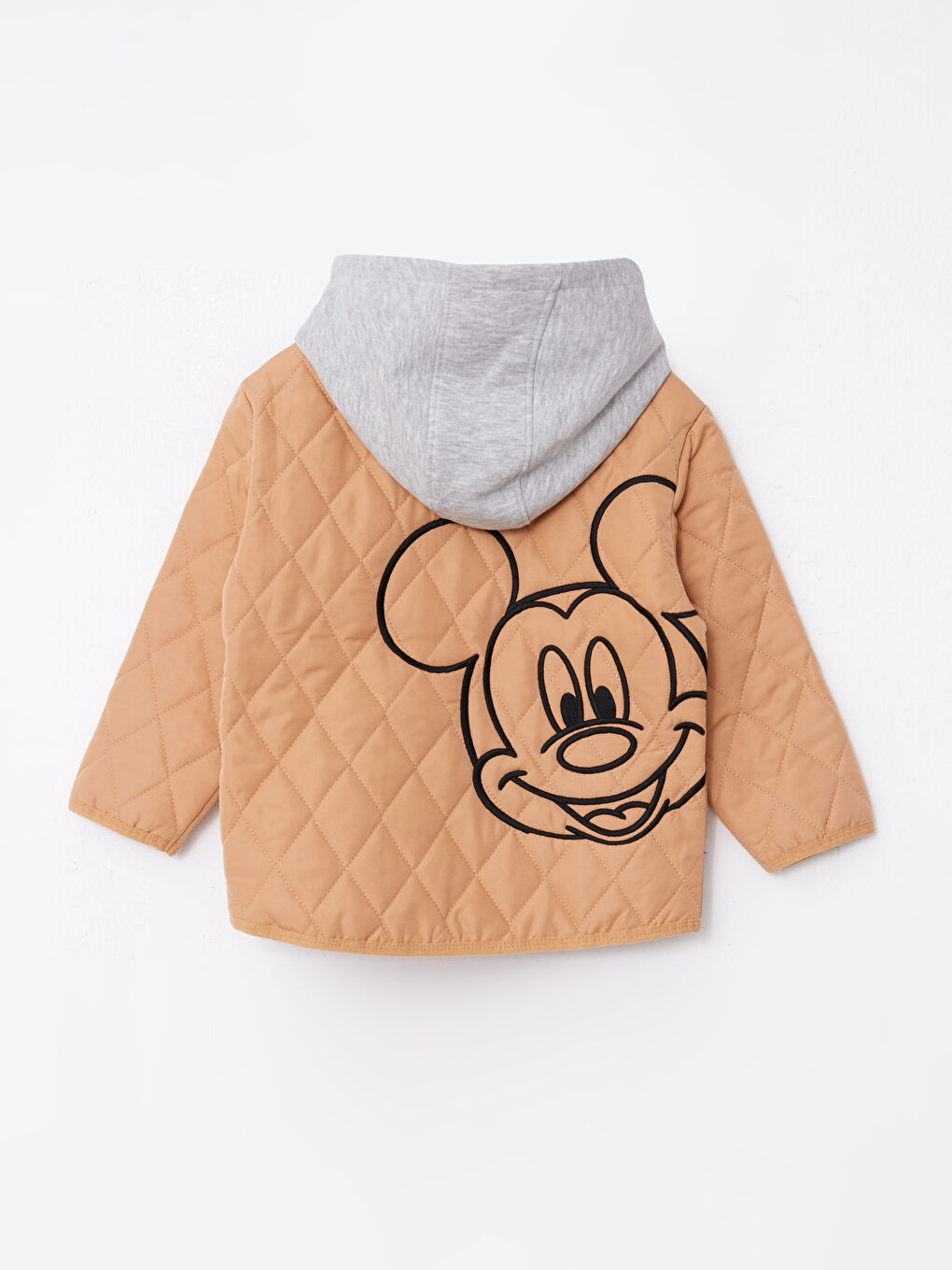 Bej Kapüşonlu Mickey Mouse Baskılı Uzun Kollu Erkek Bebek Mont-3