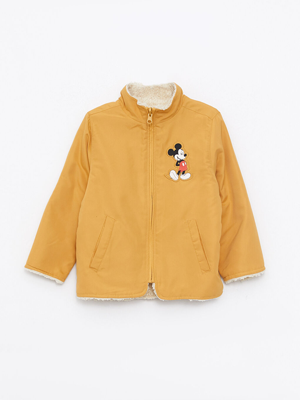 Sarı Dik Yaka Uzun Kollu Nakış Detaylı Erkek Bebek Çift Taraflı Mont-1