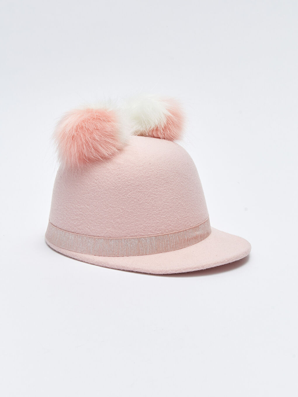 Pembe Çift Ponponlu Kız Çocuk Kaşe Binici Şapkası-1