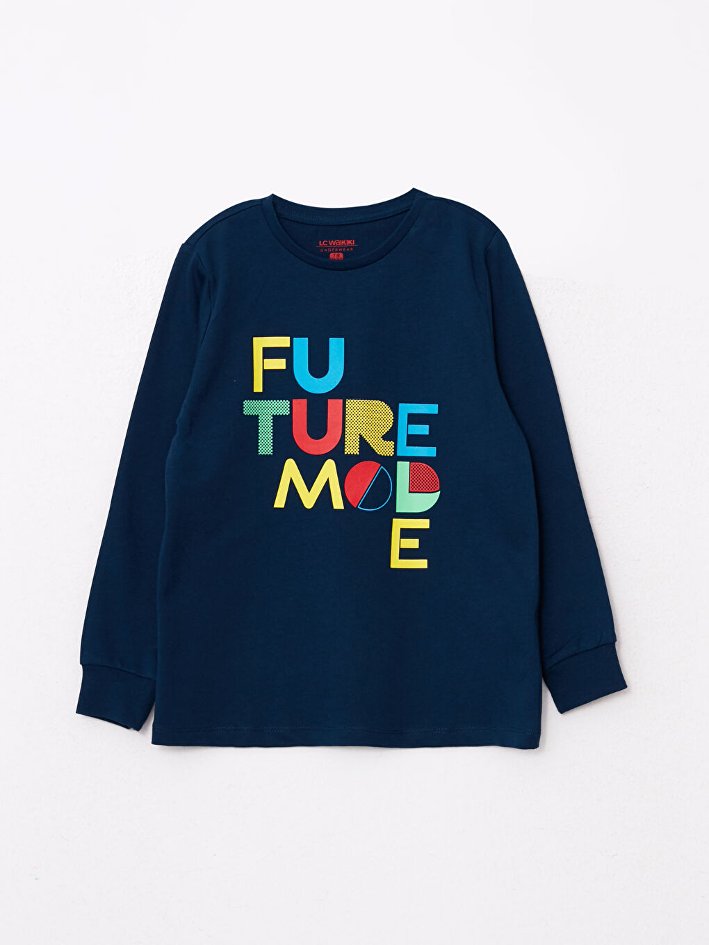 Lacivert Bisiklet Yaka Baskılı Uzun Kollu Erkek Çocuk Pijama Takımı-1