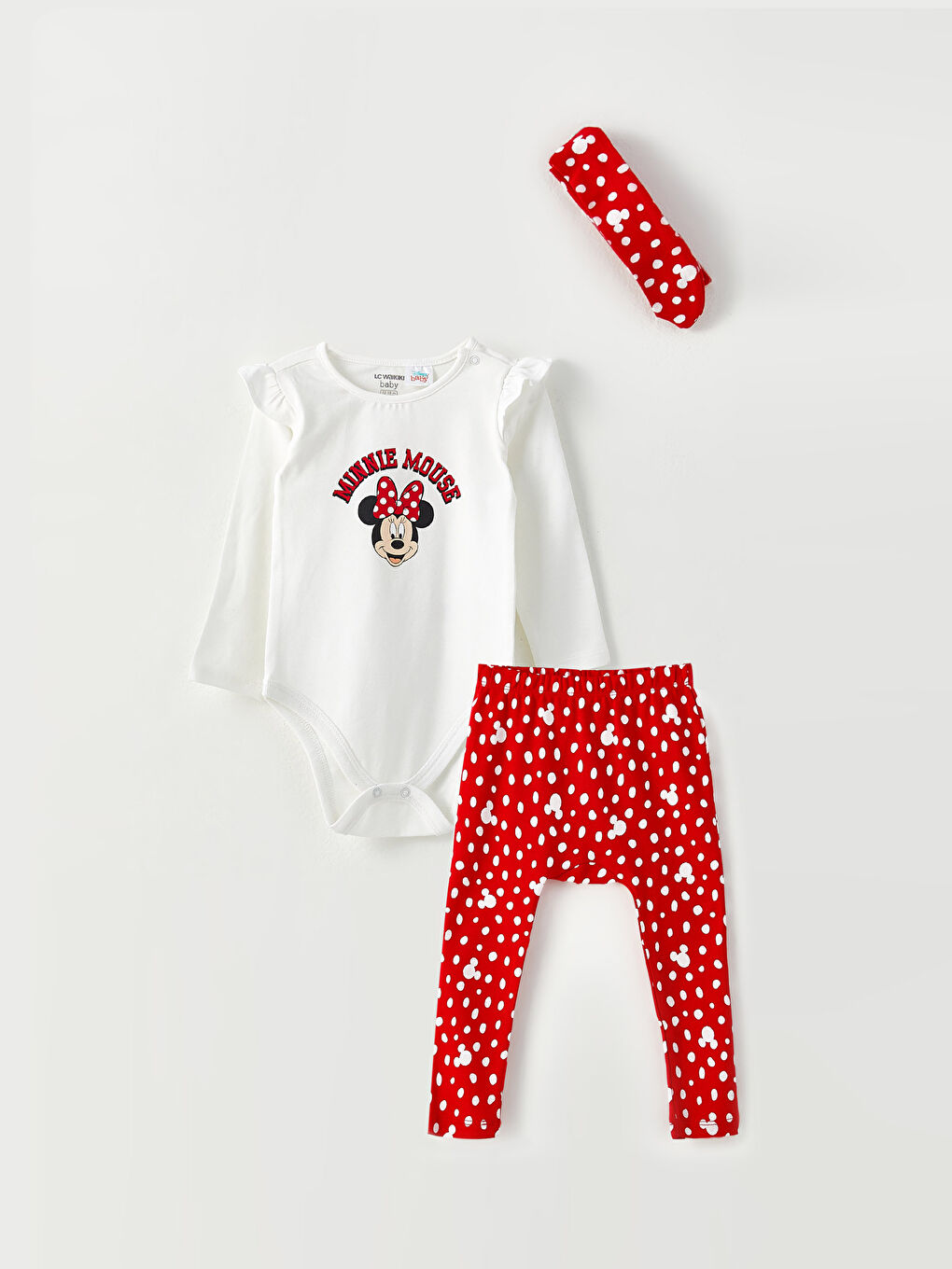 Beyaz Bisiklet Yaka Uzun Kollu Minnie Mouse Baskılı Pamuklu Kız Bebek Hastane Çıkış Seti