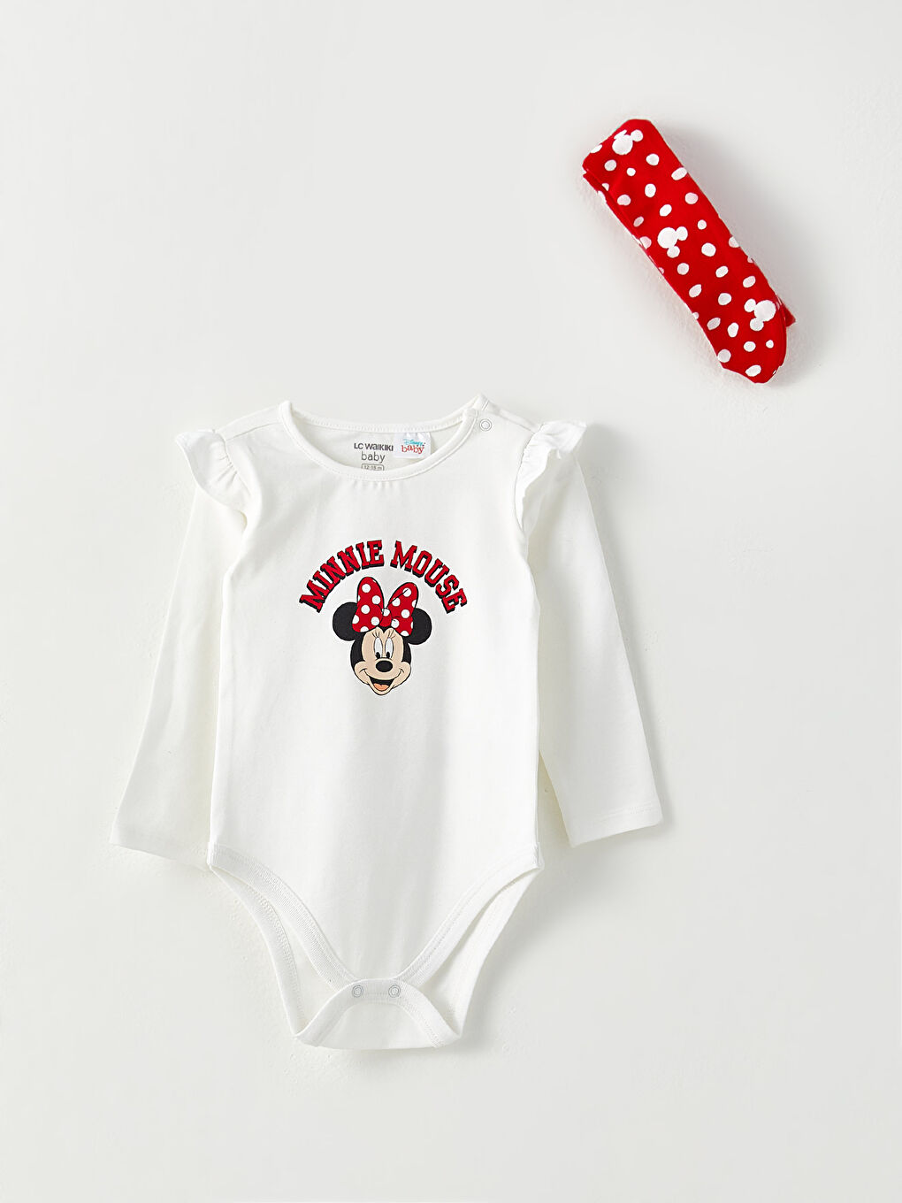 Beyaz Bisiklet Yaka Uzun Kollu Minnie Mouse Baskılı Pamuklu Kız Bebek Hastane Çıkış Seti-1