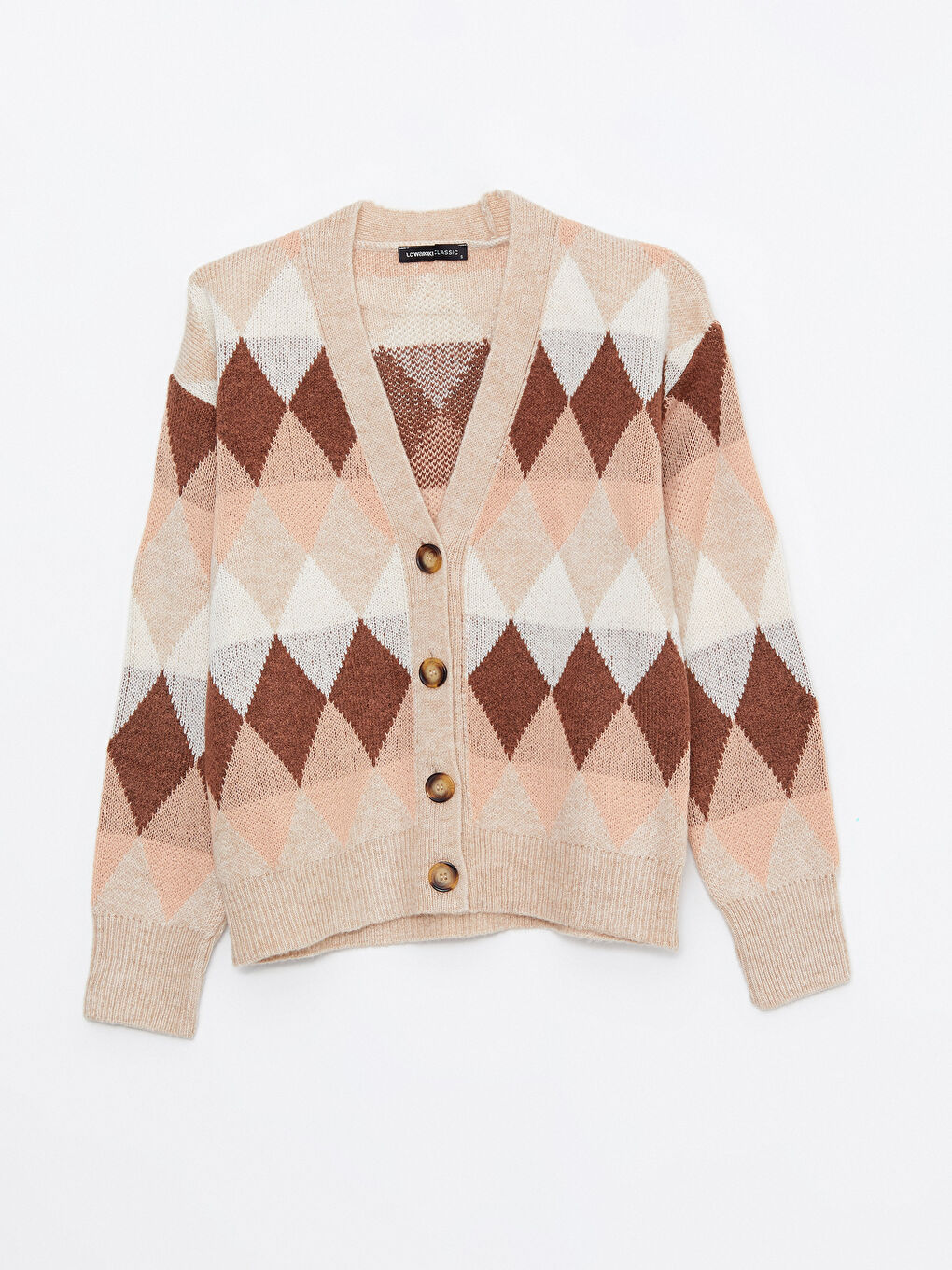 Kahverengi V Yaka Desenli Kadın Triko Hırka-5