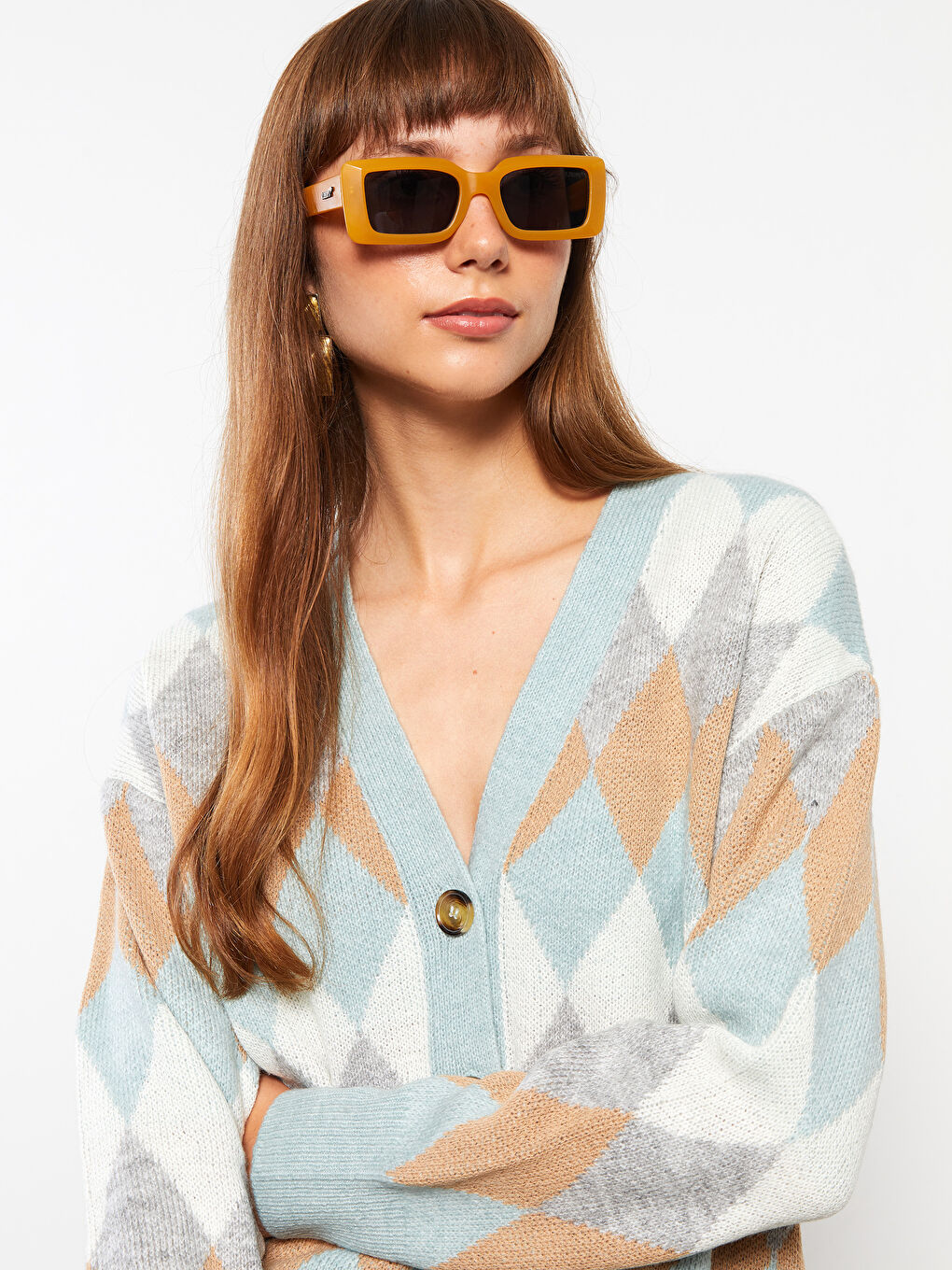 Yeşil V Yaka Desenli Kadın Triko Hırka-3