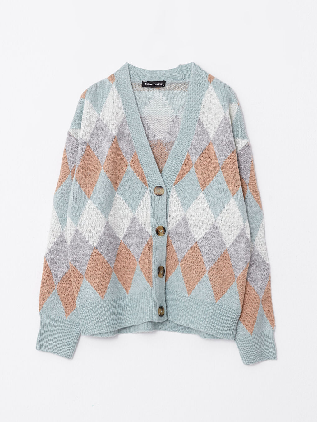 Yeşil V Yaka Desenli Kadın Triko Hırka-6