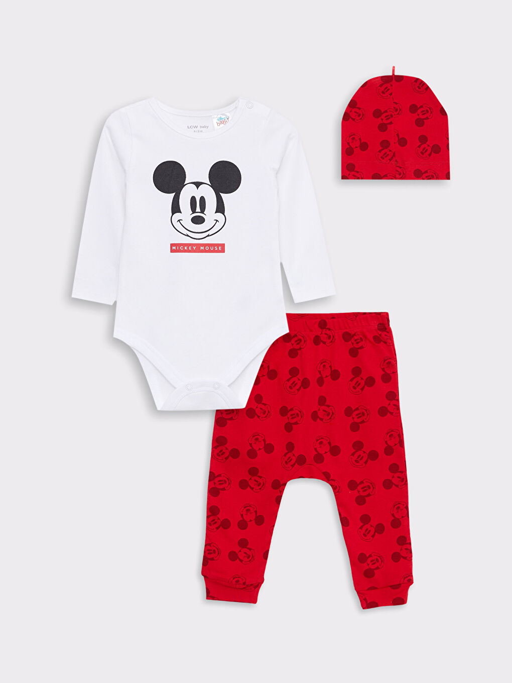 Beyaz Bisiklet Yaka Uzun Kollu Mickey Mouse Baskılı Pamuklu Erkek Bebek Hastane Çıkış Seti 3'lü Takım