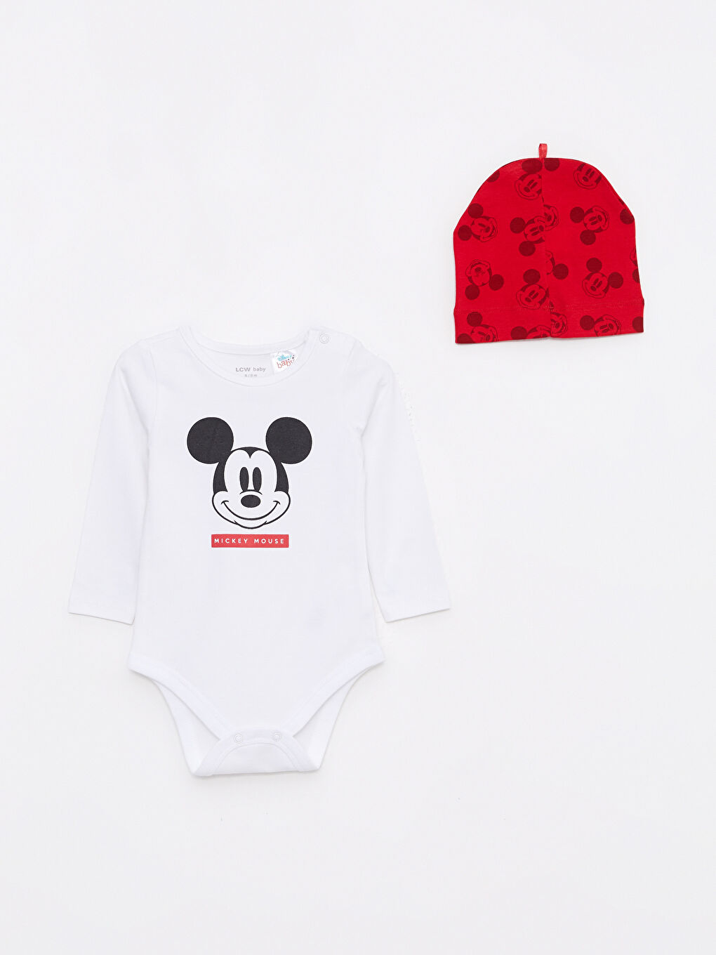 Beyaz Bisiklet Yaka Uzun Kollu Mickey Mouse Baskılı Pamuklu Erkek Bebek Hastane Çıkış Seti 3'lü Takım-1