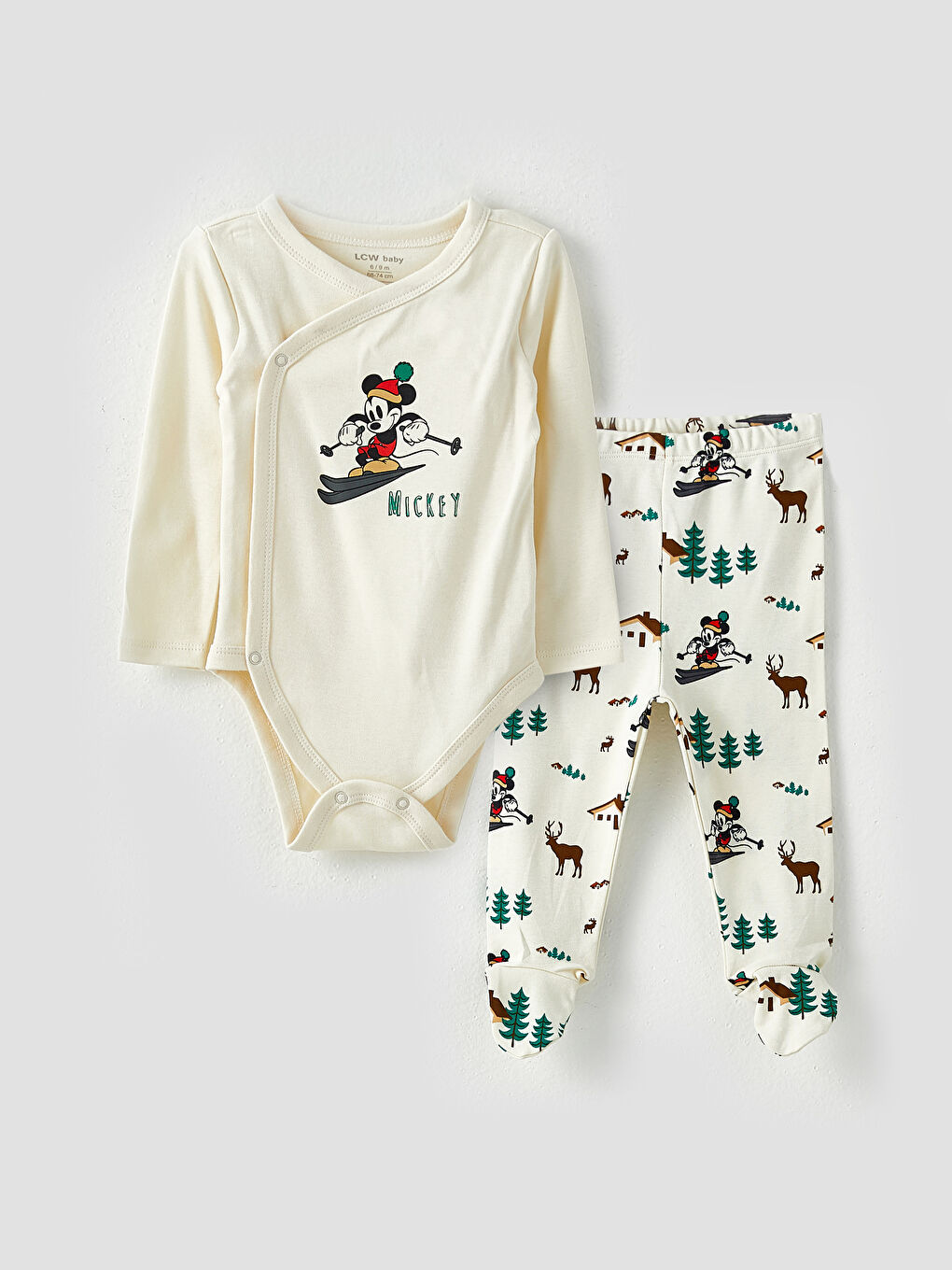 Envelope Collar Long Sleeve Mickey Mouse Printed Baby Boy Body and Trousers 2 Set