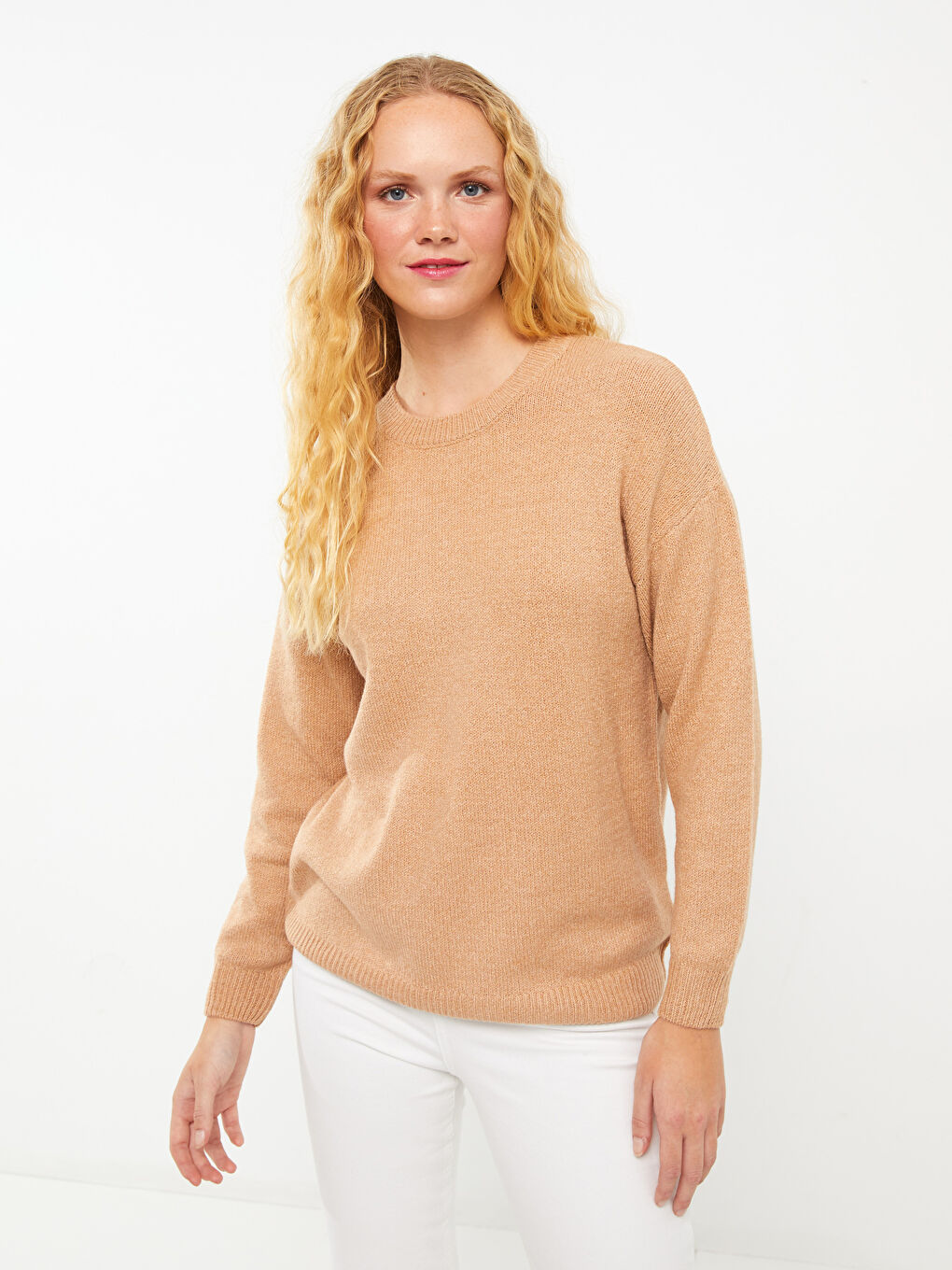 Crew Neck Plain Long Sleeve Women's Knitwear Sweater-1