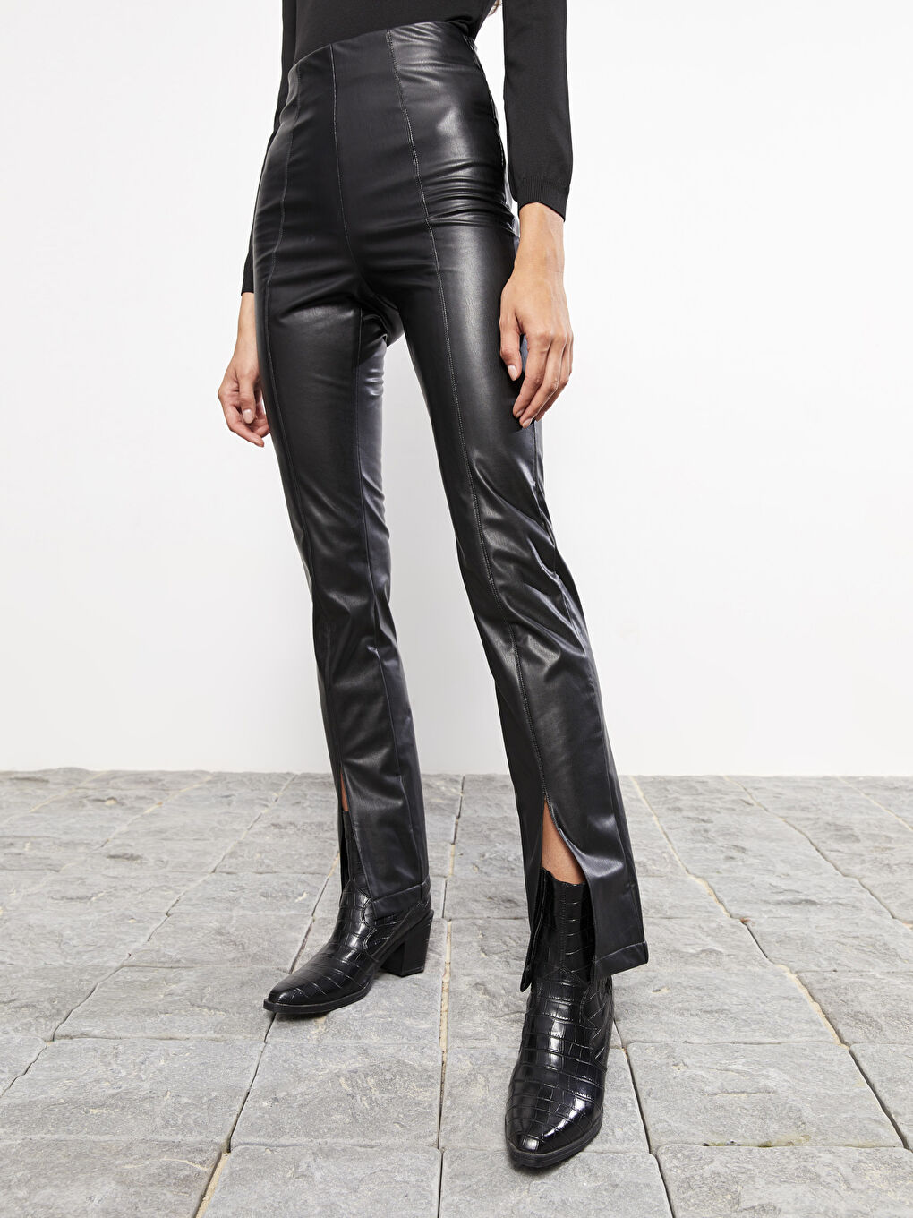 Standard Fit Regular Faux Leather Women's Trousers-2