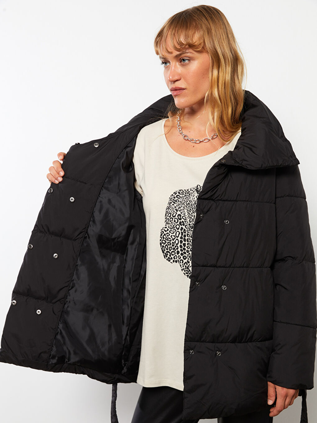 Žena CRNA Puffer jakna/napuhana deblja jakna-2