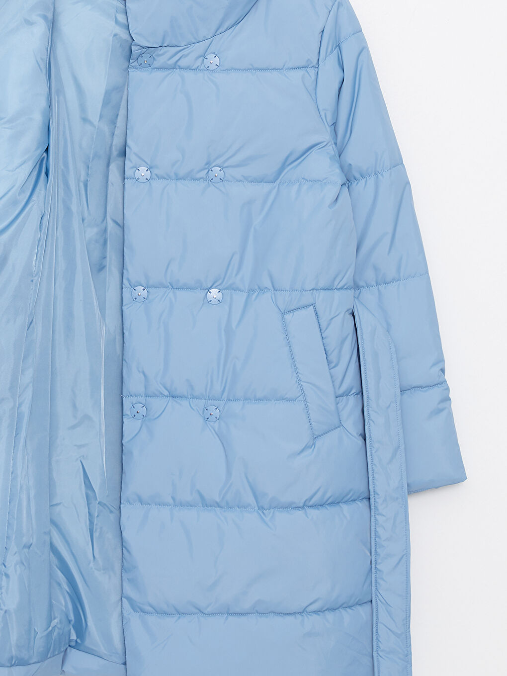 Mavi Dik Yaka Düz Uzun Kollu Kadın Şişme Mont-8