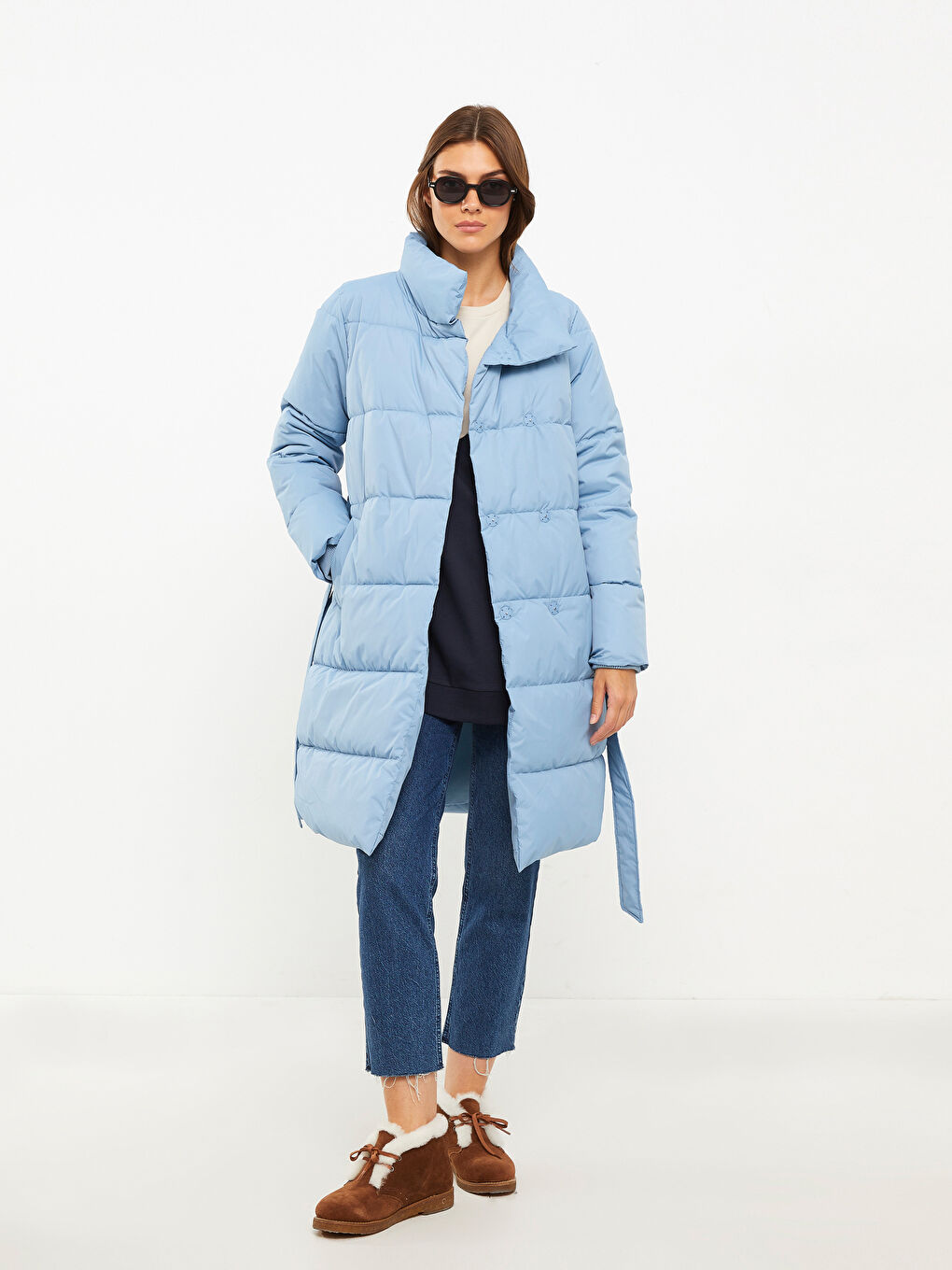 Mavi Dik Yaka Düz Uzun Kollu Kadın Şişme Mont