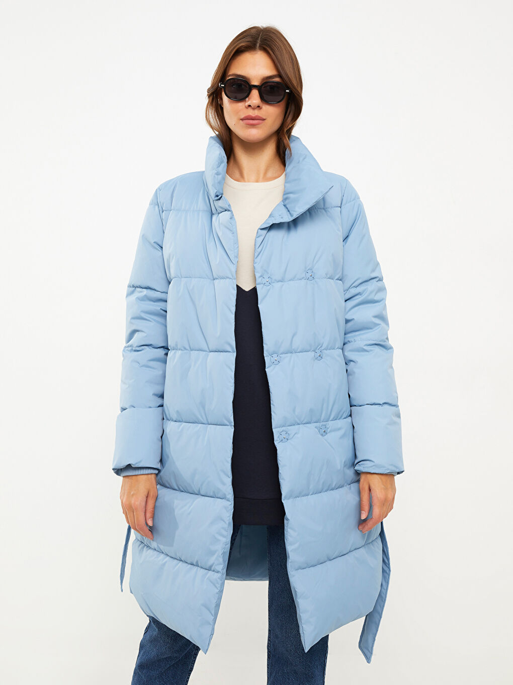 Mavi Dik Yaka Düz Uzun Kollu Kadın Şişme Mont-1