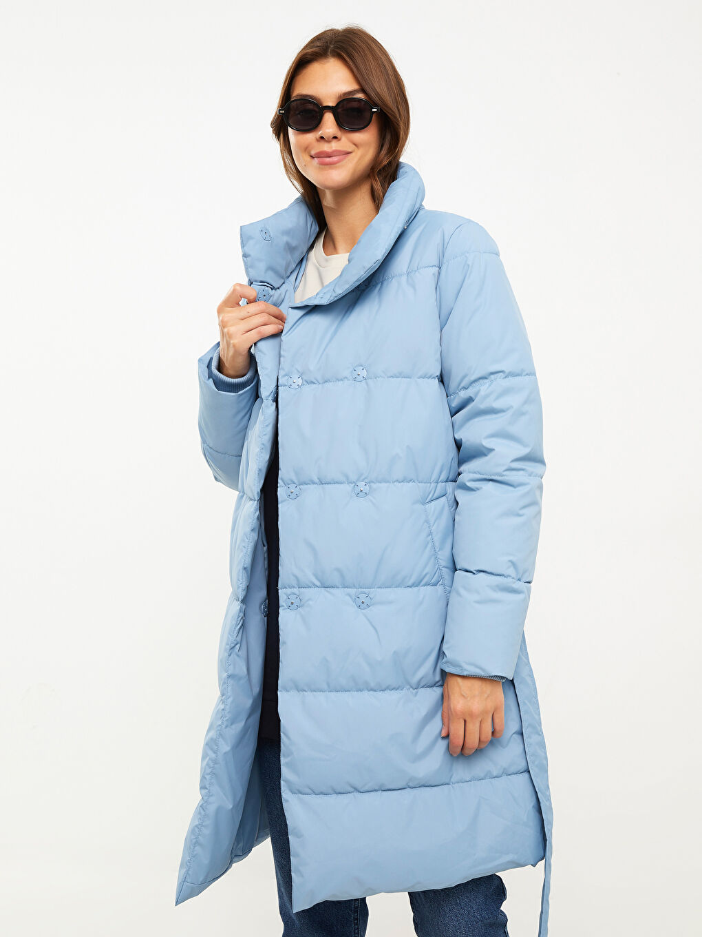 Mavi Dik Yaka Düz Uzun Kollu Kadın Şişme Mont-2