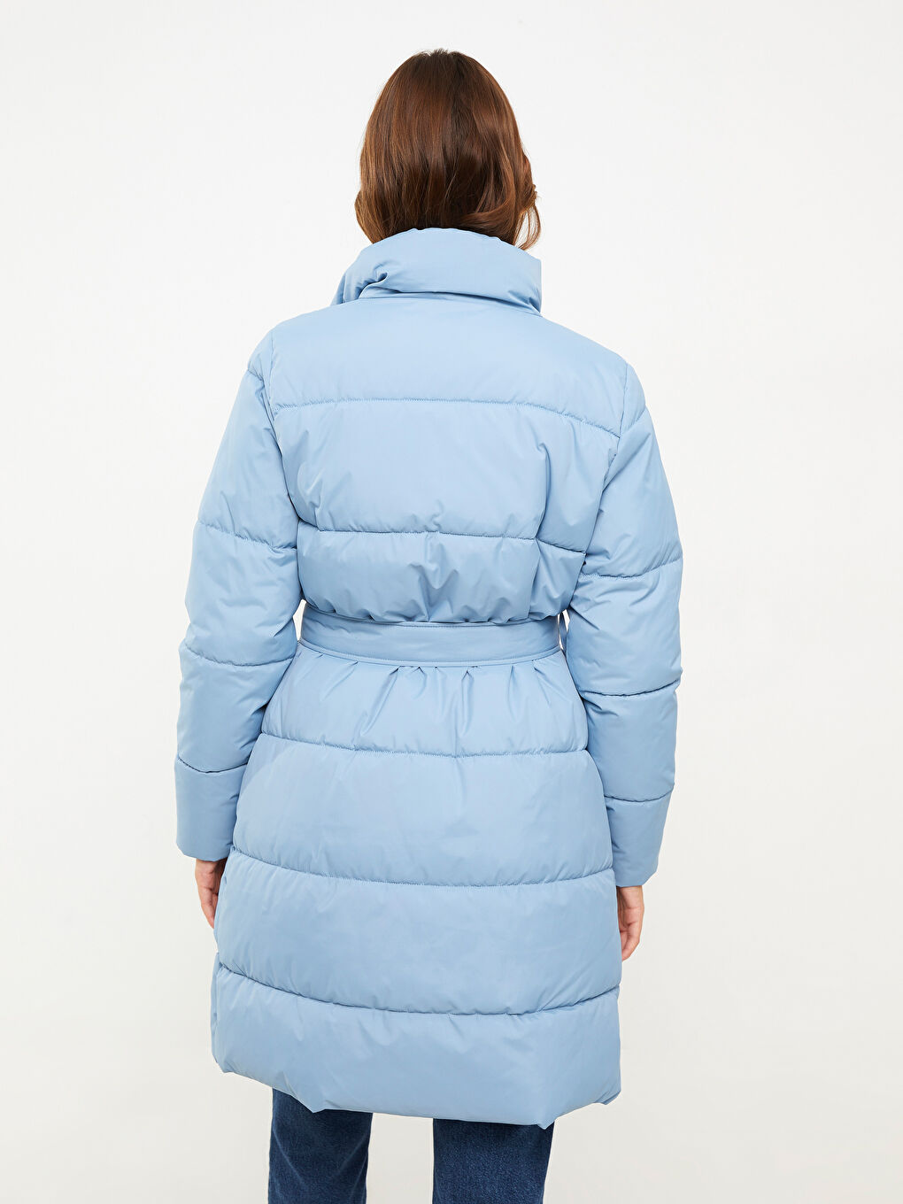 Mavi Dik Yaka Düz Uzun Kollu Kadın Şişme Mont-5