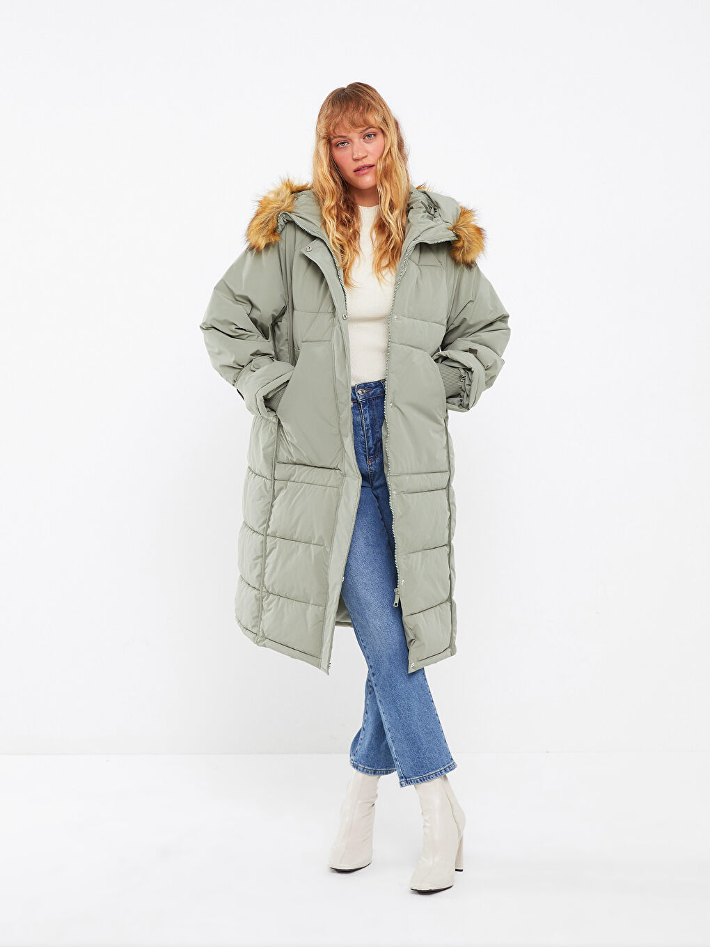 Yeşil Kadın Kapüşonlu Düz Parka-1