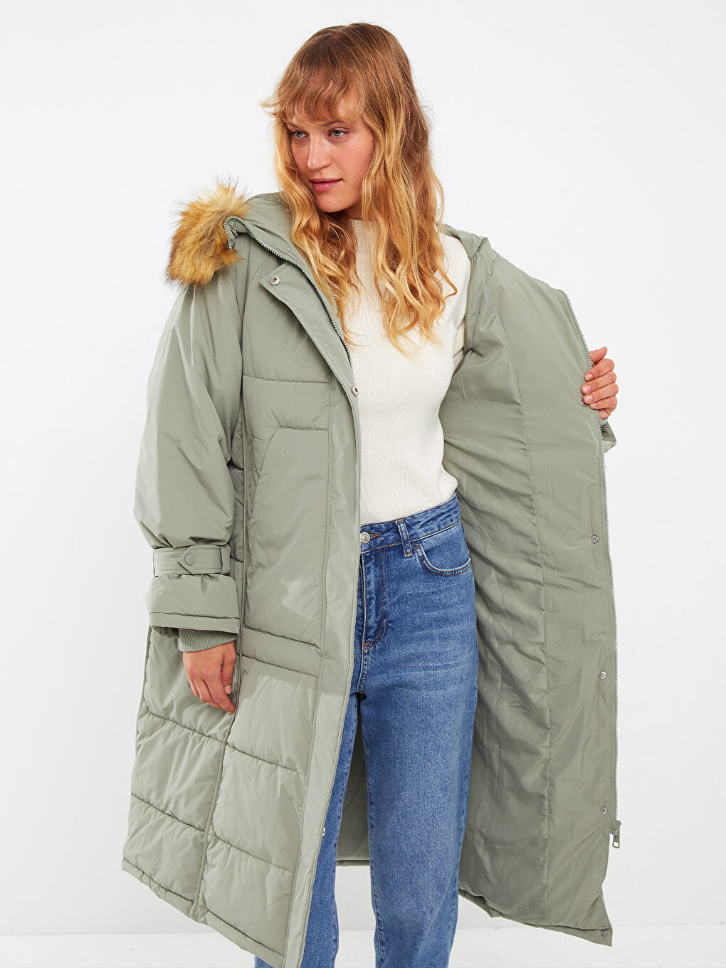 Yeşil Kadın Kapüşonlu Düz Parka-3