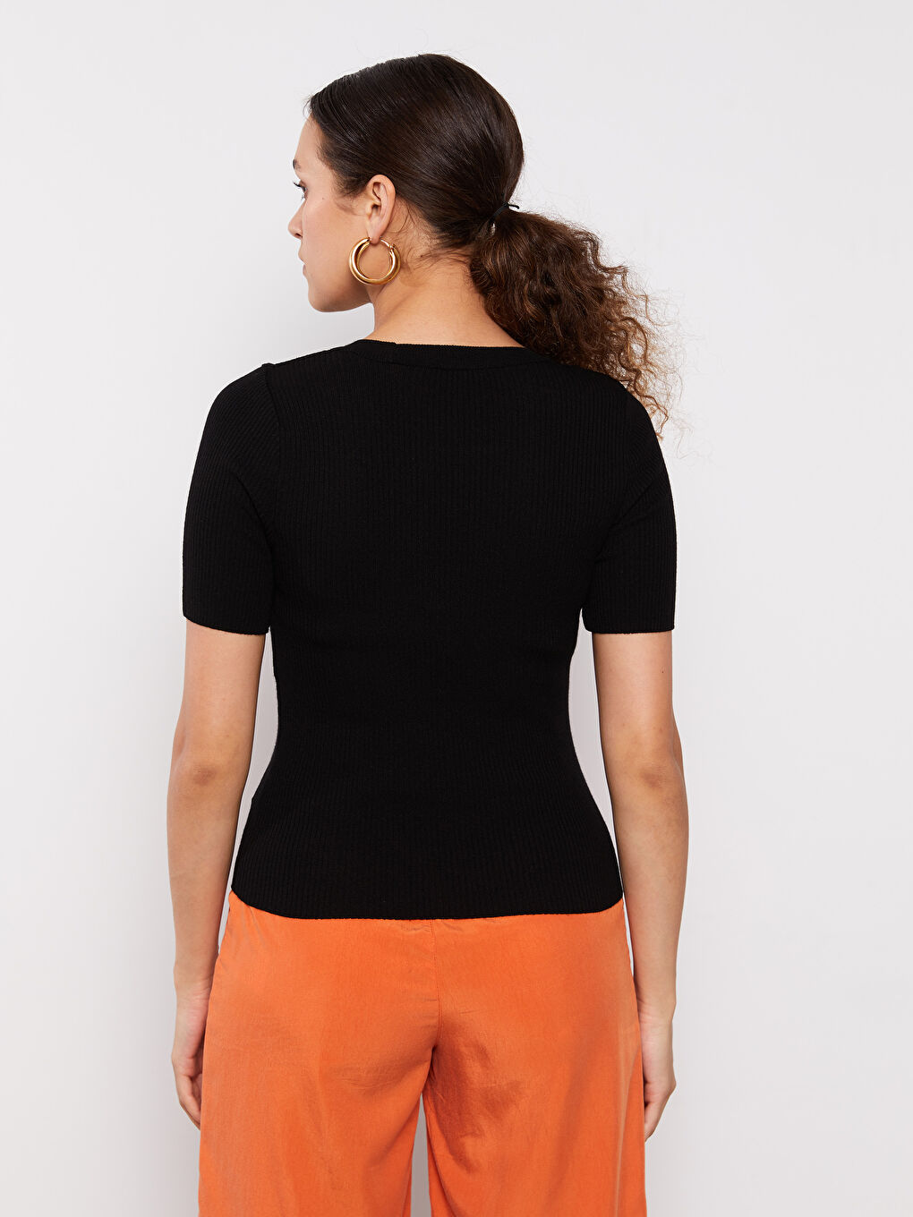 Siyah Bisiklet Yaka Düz Kısa Kollu Kadın Triko Kazak-4