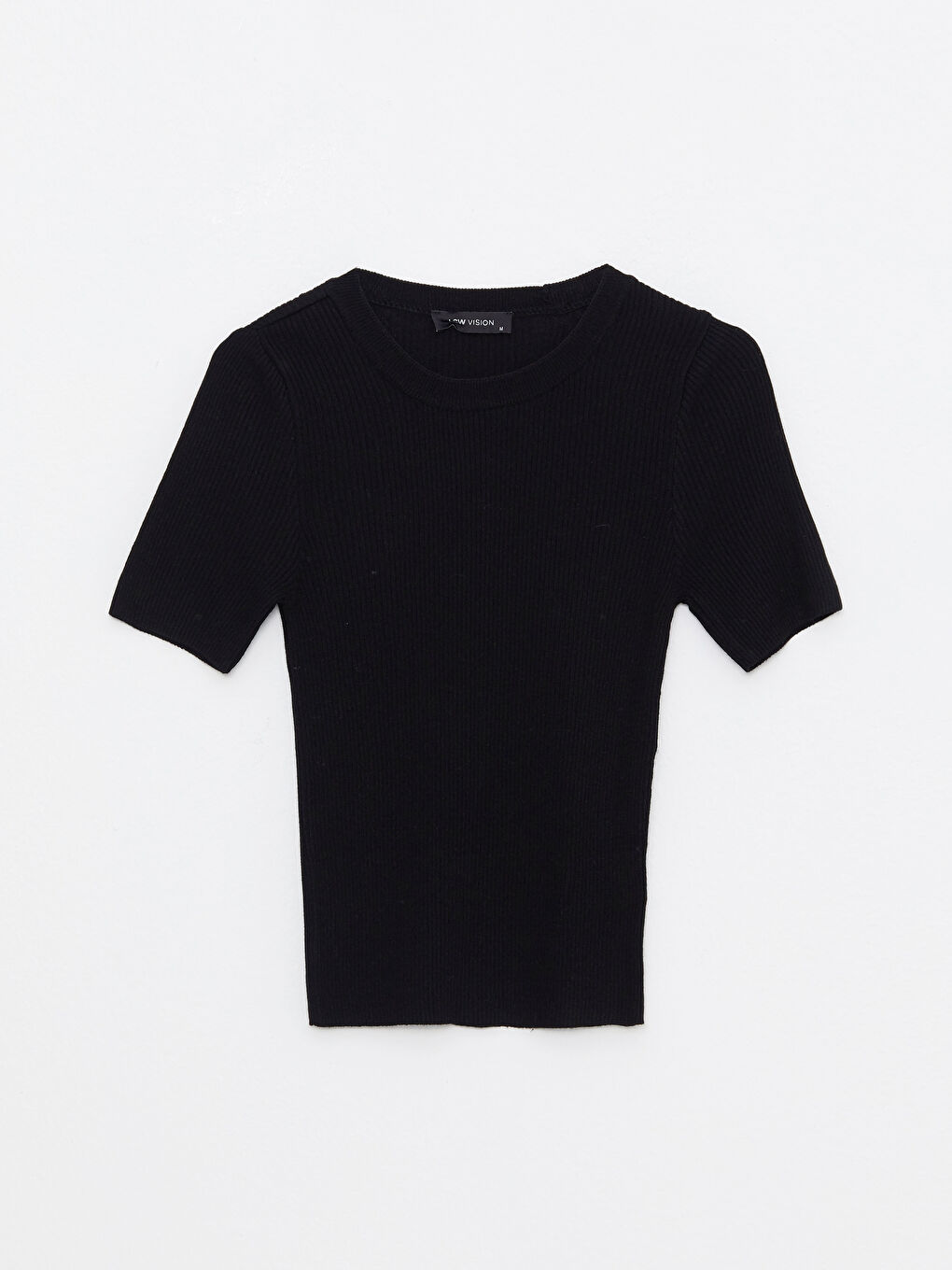 Siyah Bisiklet Yaka Düz Kısa Kollu Kadın Triko Kazak-5