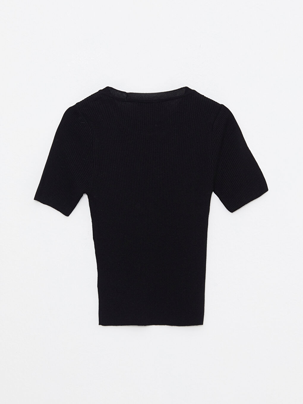 Siyah Bisiklet Yaka Düz Kısa Kollu Kadın Triko Kazak-6