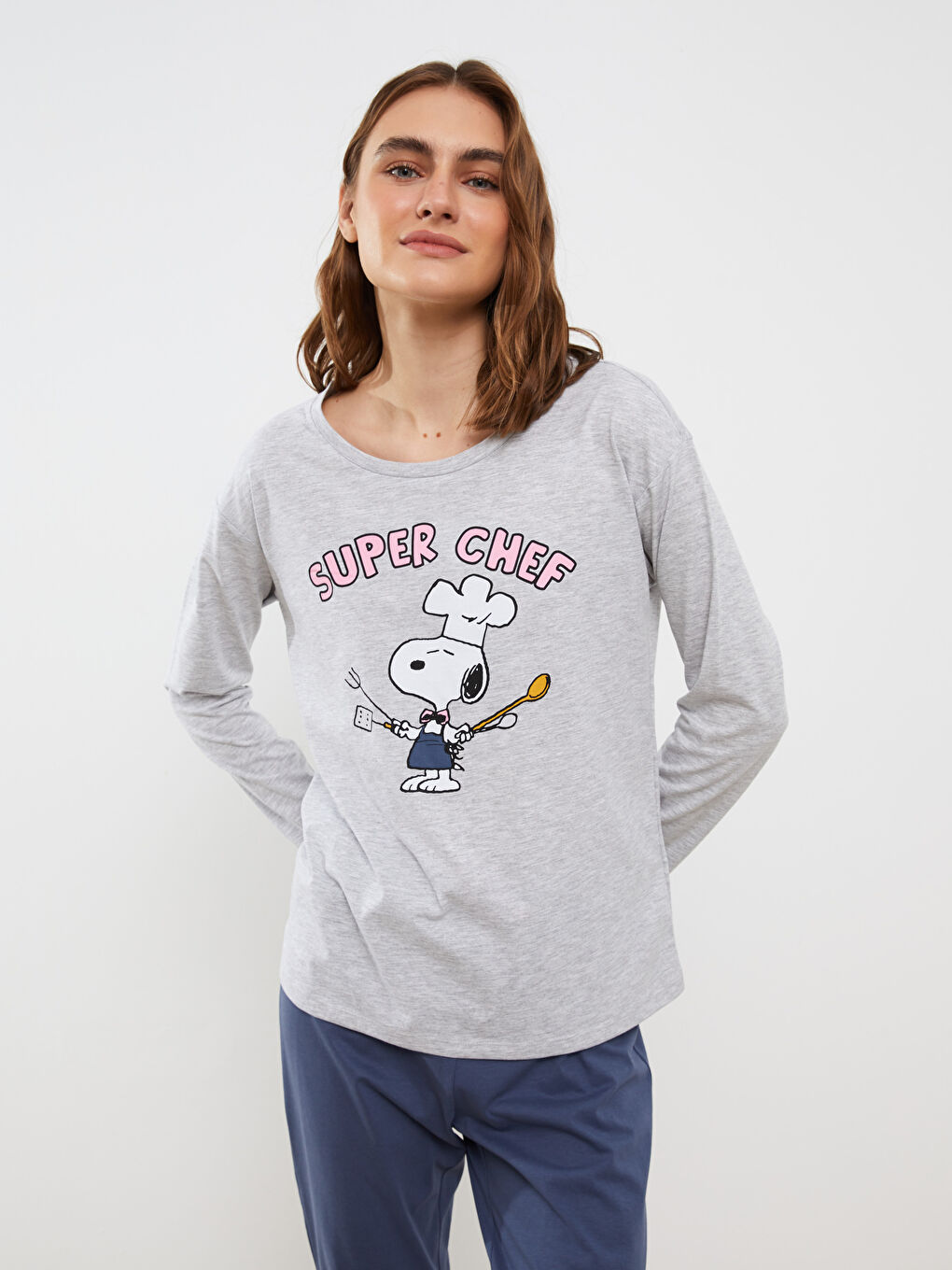 LCW DREAM İndigo Bisiklet Yaka Snoopy Baskılı Uzun Kollu Kadın Pijama Takımı - 2