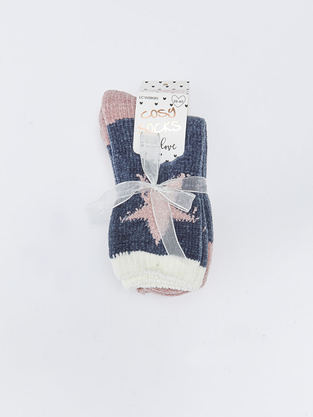 Lacivert Desenli Kadife Kadın Ev Çorabı 2'li Paket