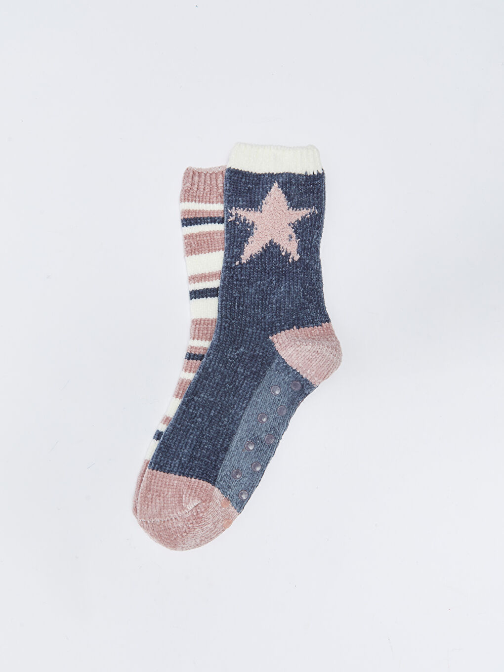 Lacivert Desenli Kadife Kadın Ev Çorabı 2'li Paket-1