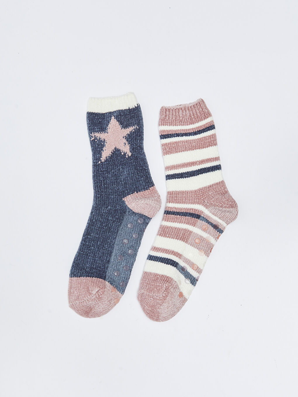 Lacivert Desenli Kadife Kadın Ev Çorabı 2'li Paket-2