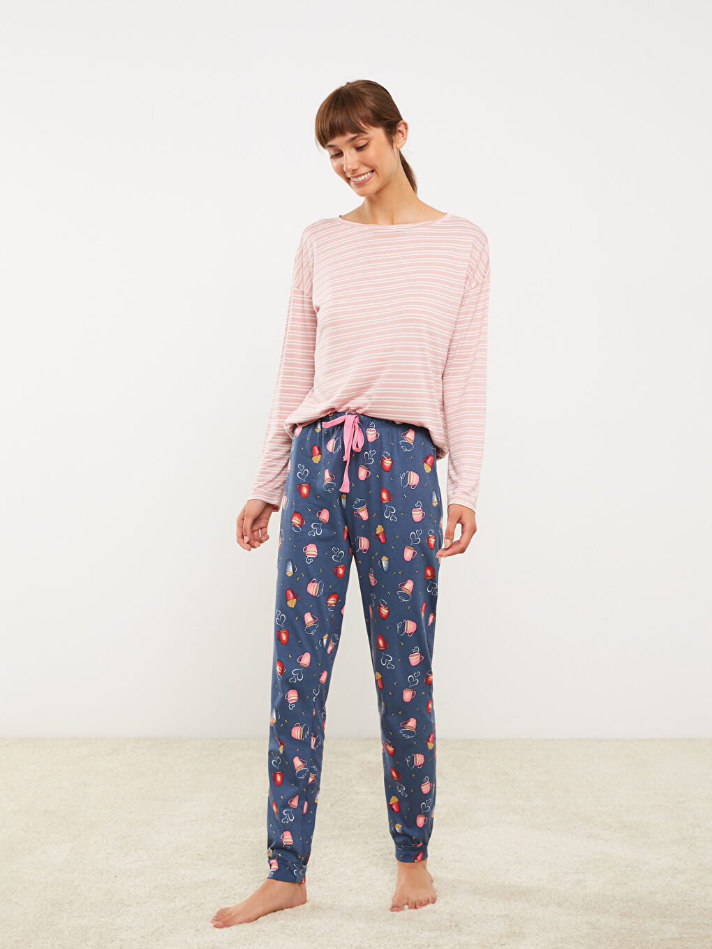 İndigo Beli Lastikli Desenli Pamuklu Kadın Jogger Pijama Altı-1