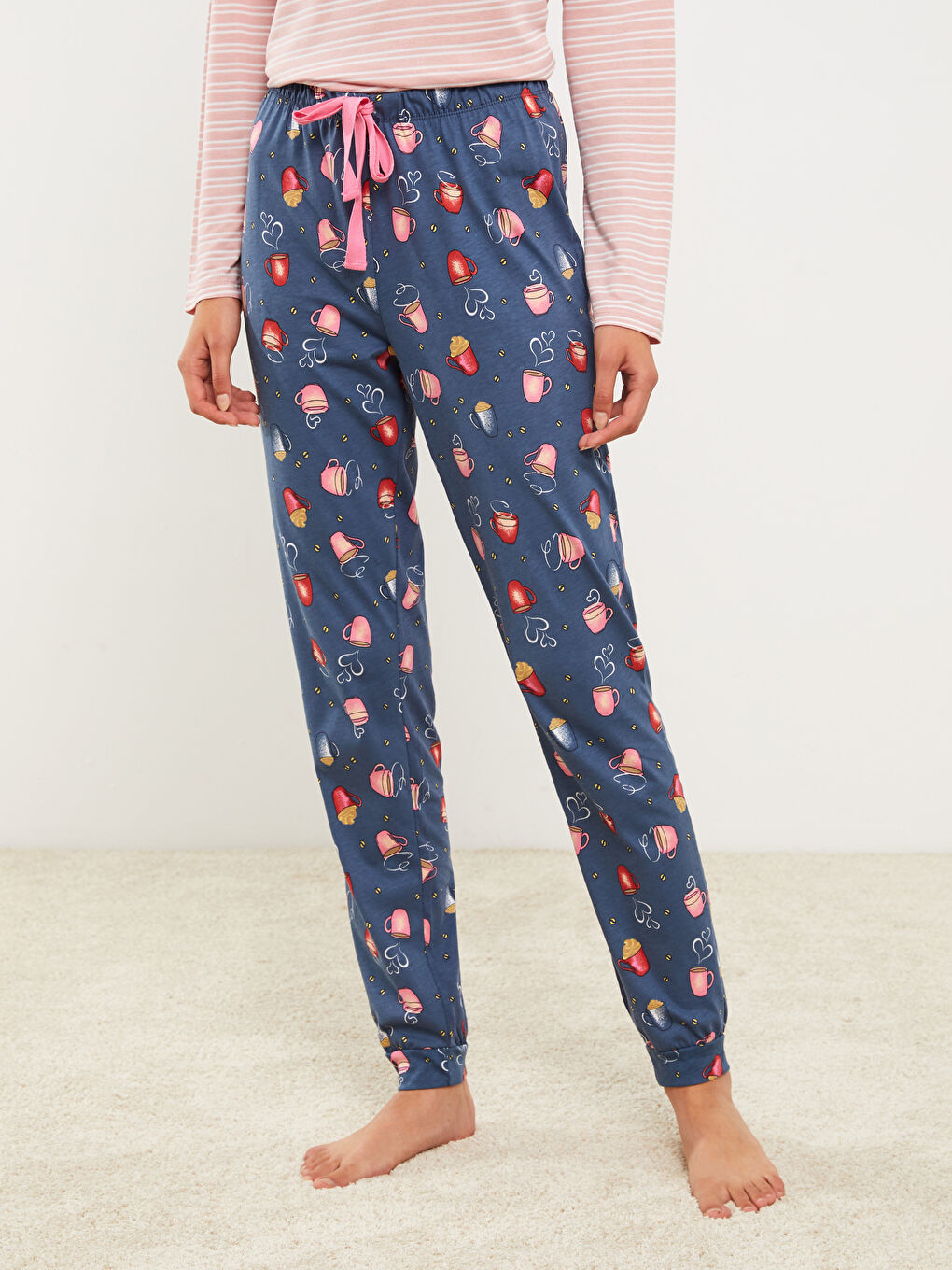 İndigo Beli Lastikli Desenli Pamuklu Kadın Jogger Pijama Altı-3