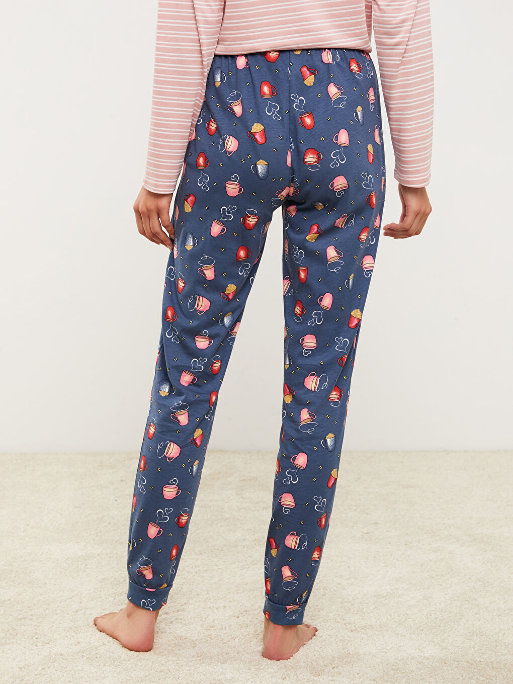 İndigo Beli Lastikli Desenli Pamuklu Kadın Jogger Pijama Altı-4