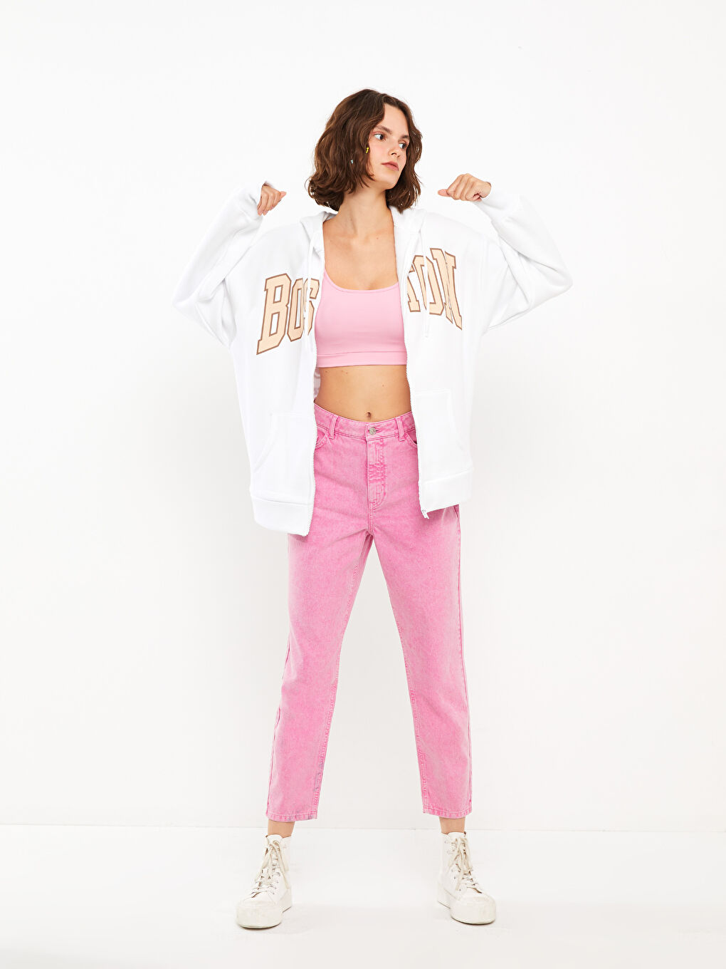 Beyaz Kapüşonlu Baskılı Uzun Kollu Kadın Hırka-3