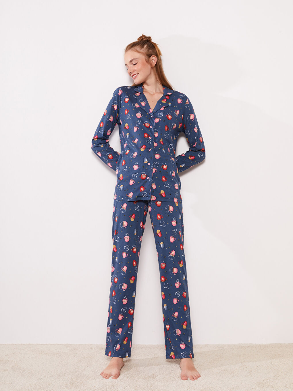 İndigo Gömlek Yaka Desenli Uzun Kollu Pamuklu Kadın Pijama Takımı