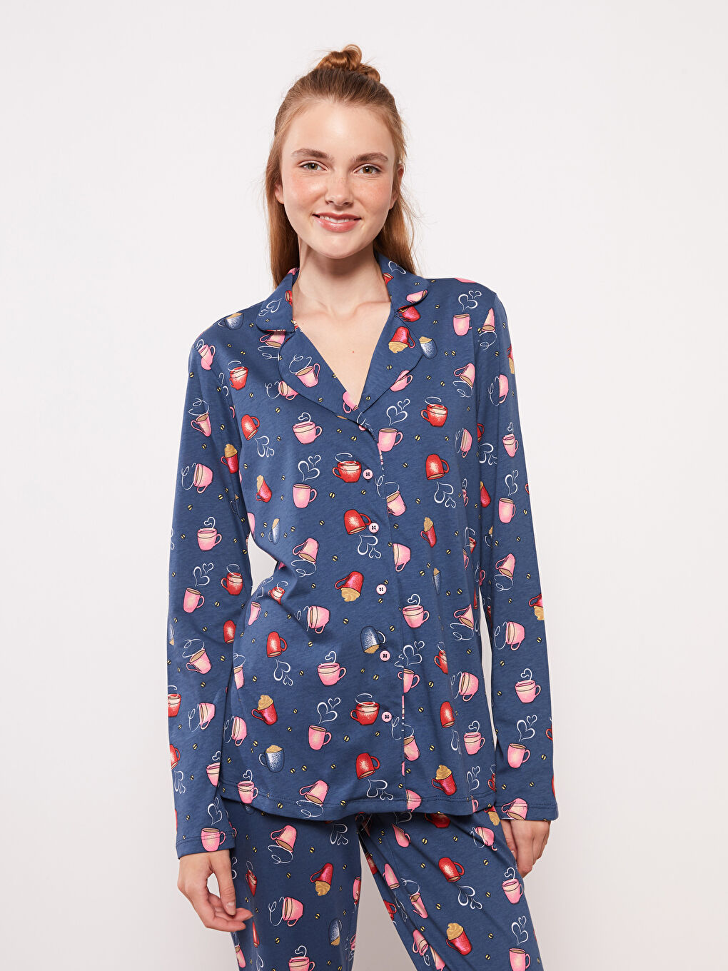 İndigo Gömlek Yaka Desenli Uzun Kollu Pamuklu Kadın Pijama Takımı-1