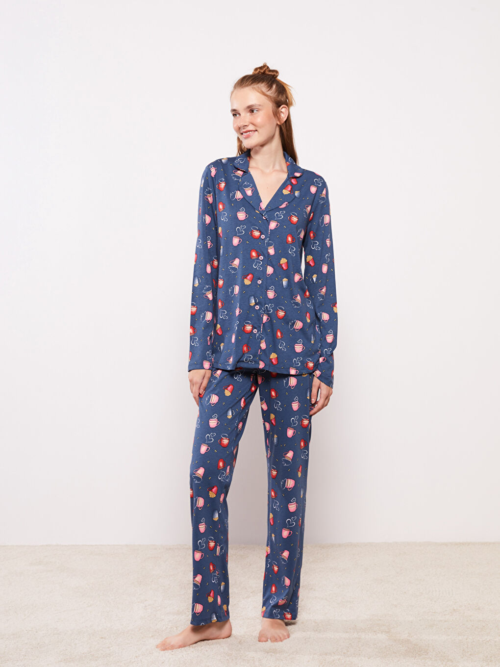 İndigo Gömlek Yaka Desenli Uzun Kollu Pamuklu Kadın Pijama Takımı-2