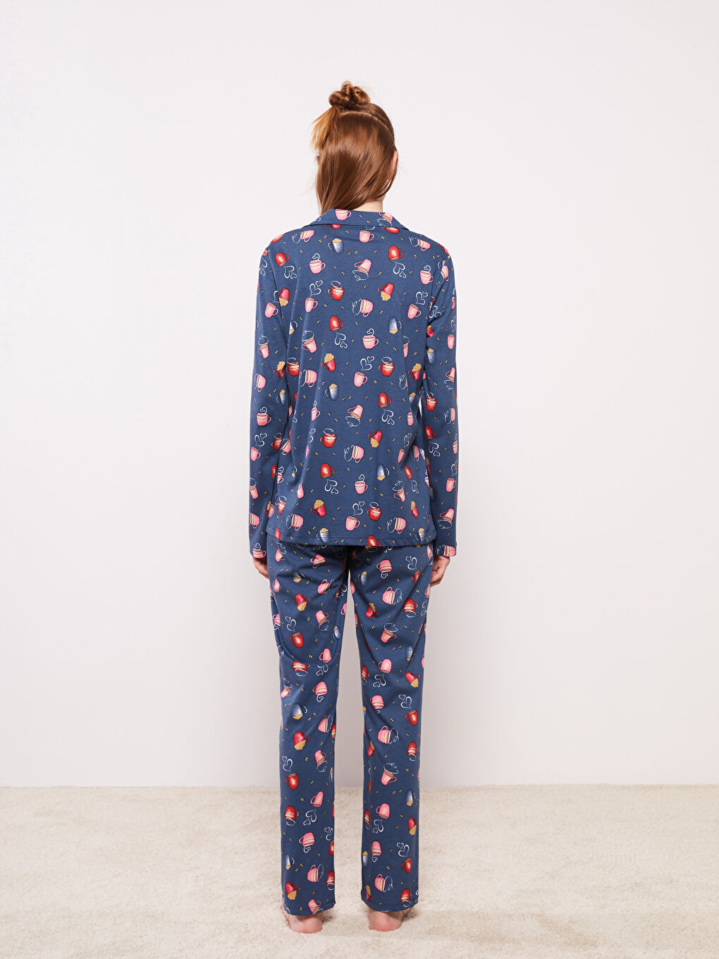 İndigo Gömlek Yaka Desenli Uzun Kollu Pamuklu Kadın Pijama Takımı-4
