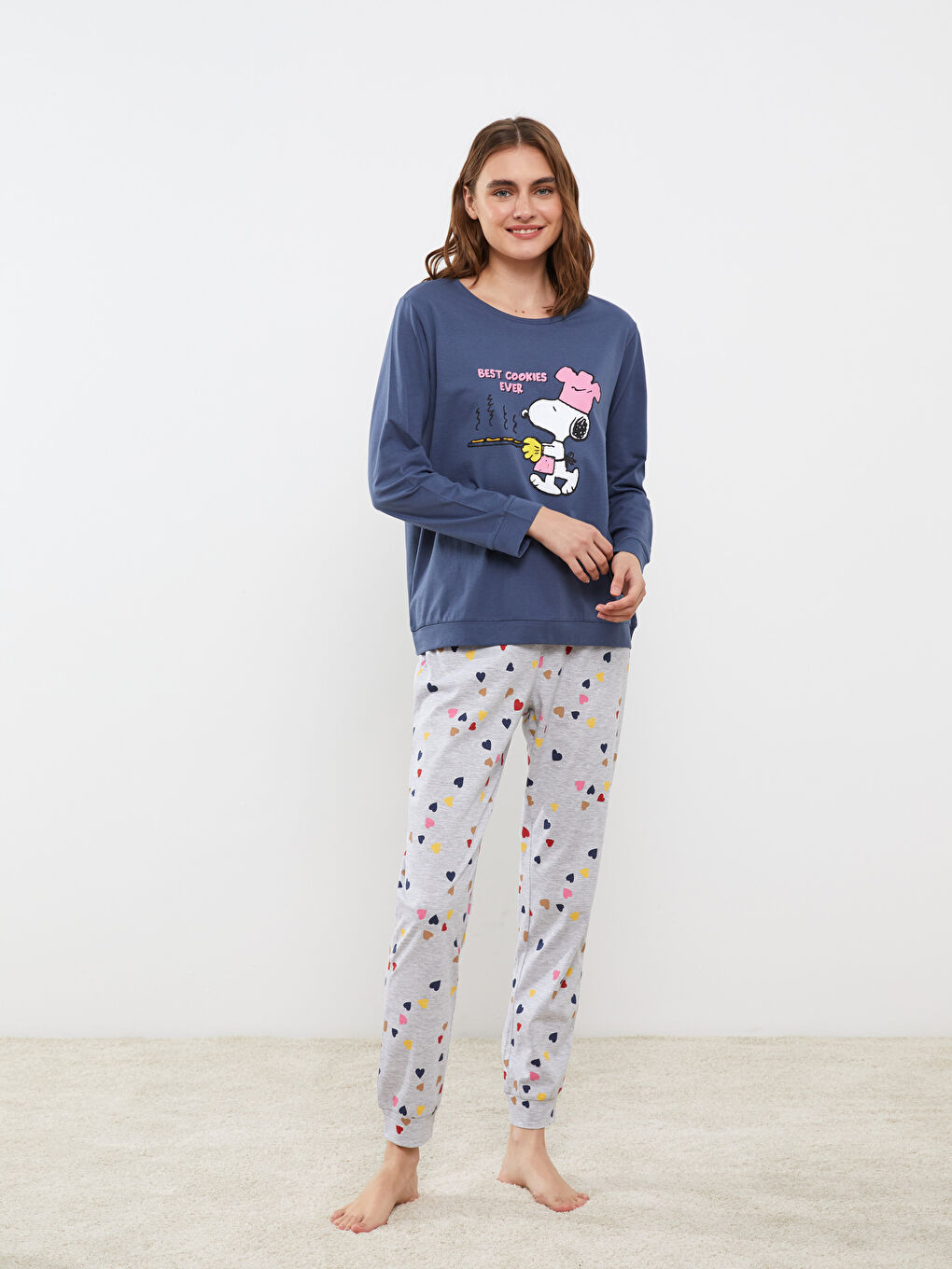 Gri Bisiklet Yaka Snoopy Baskılı Uzun Kollu Kadın Pijama Takımı