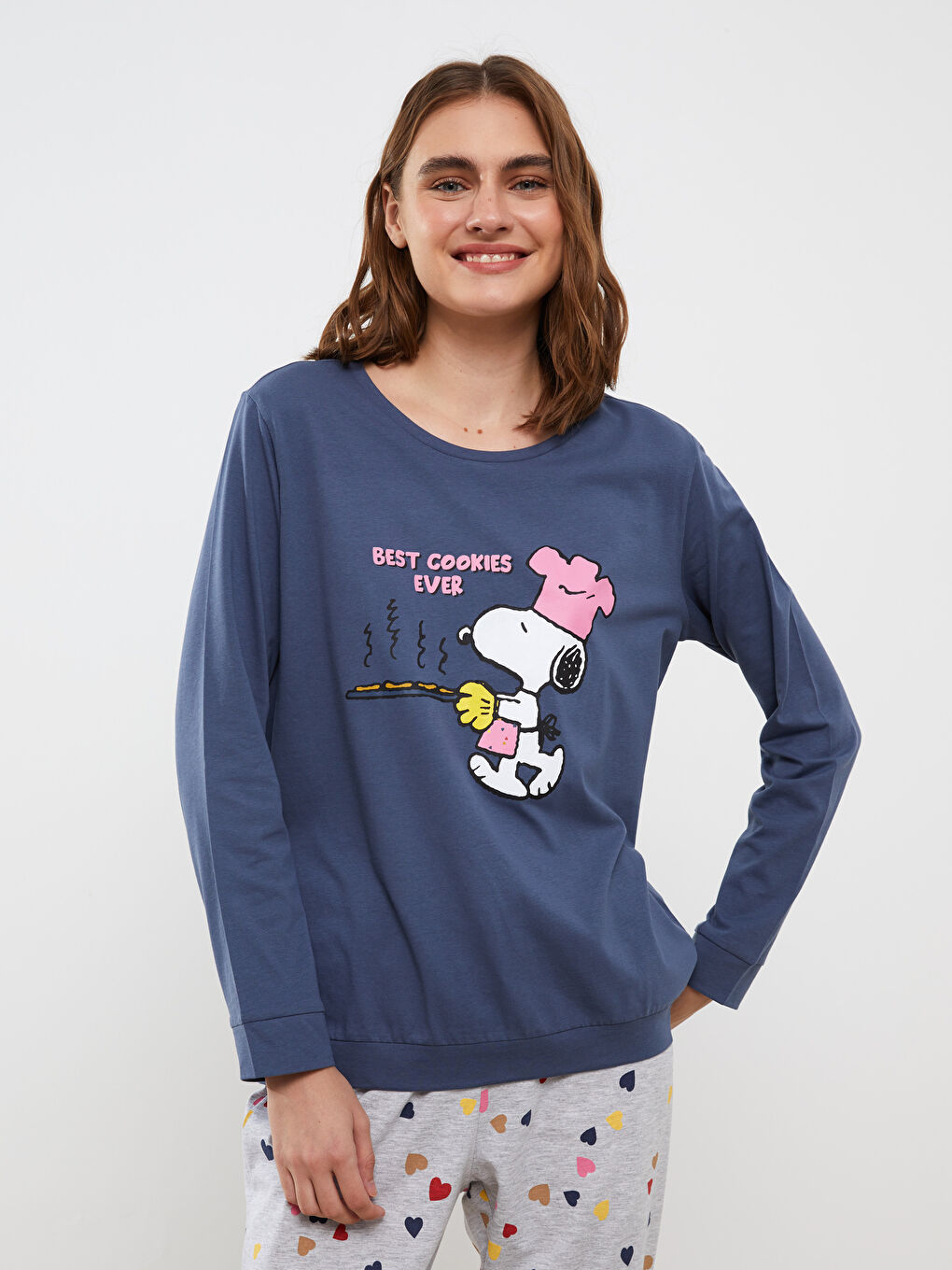 Gri Bisiklet Yaka Snoopy Baskılı Uzun Kollu Kadın Pijama Takımı-1