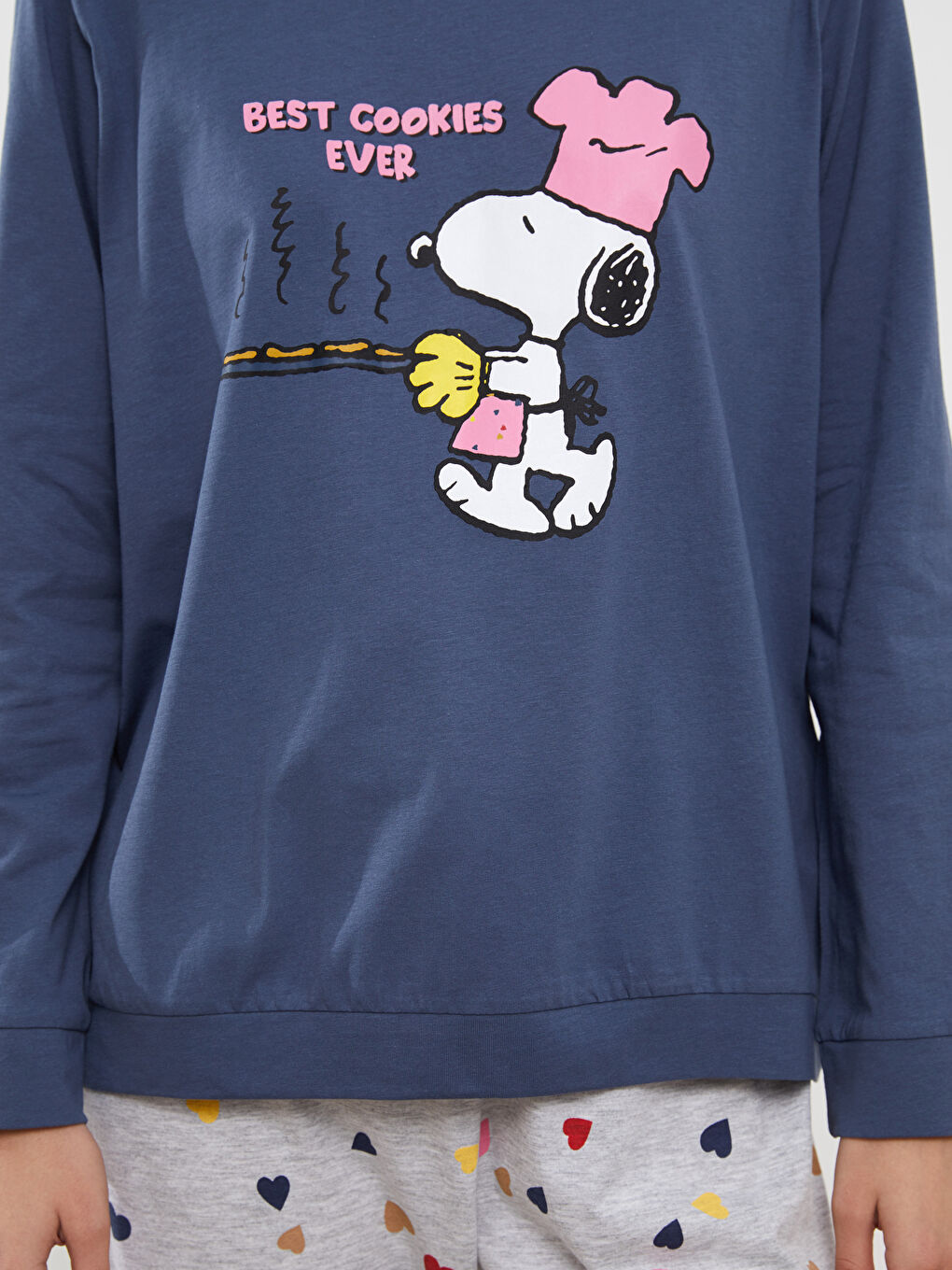 Gri Bisiklet Yaka Snoopy Baskılı Uzun Kollu Kadın Pijama Takımı-2