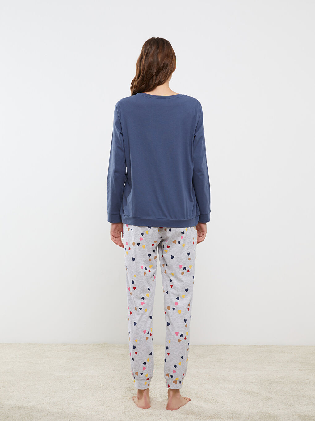 Gri Bisiklet Yaka Snoopy Baskılı Uzun Kollu Kadın Pijama Takımı-3