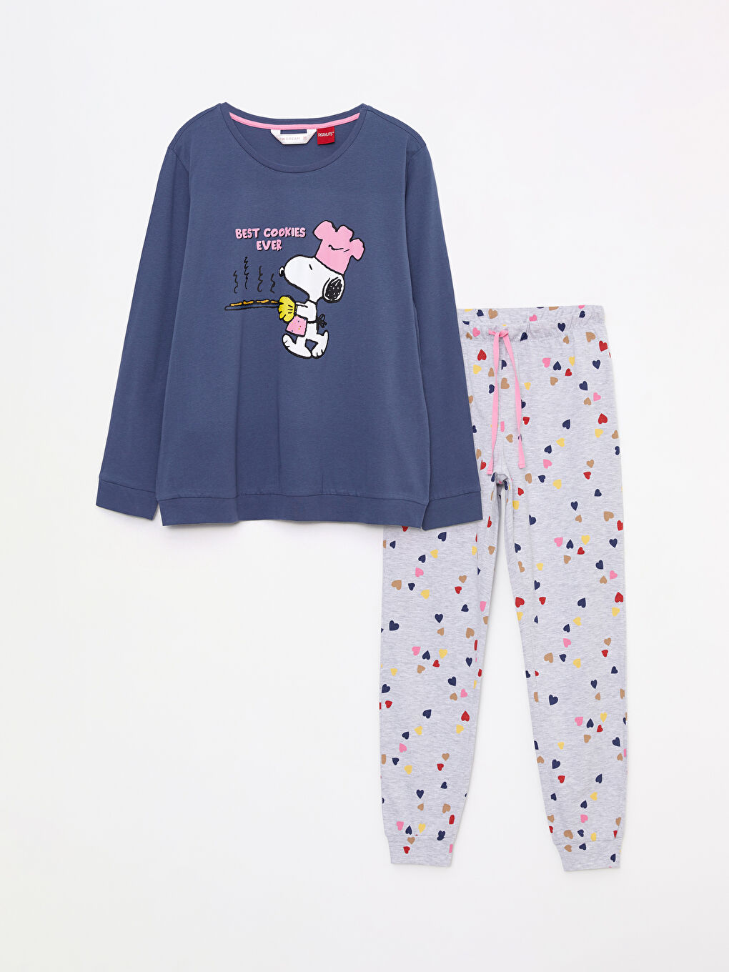 Gri Bisiklet Yaka Snoopy Baskılı Uzun Kollu Kadın Pijama Takımı-4