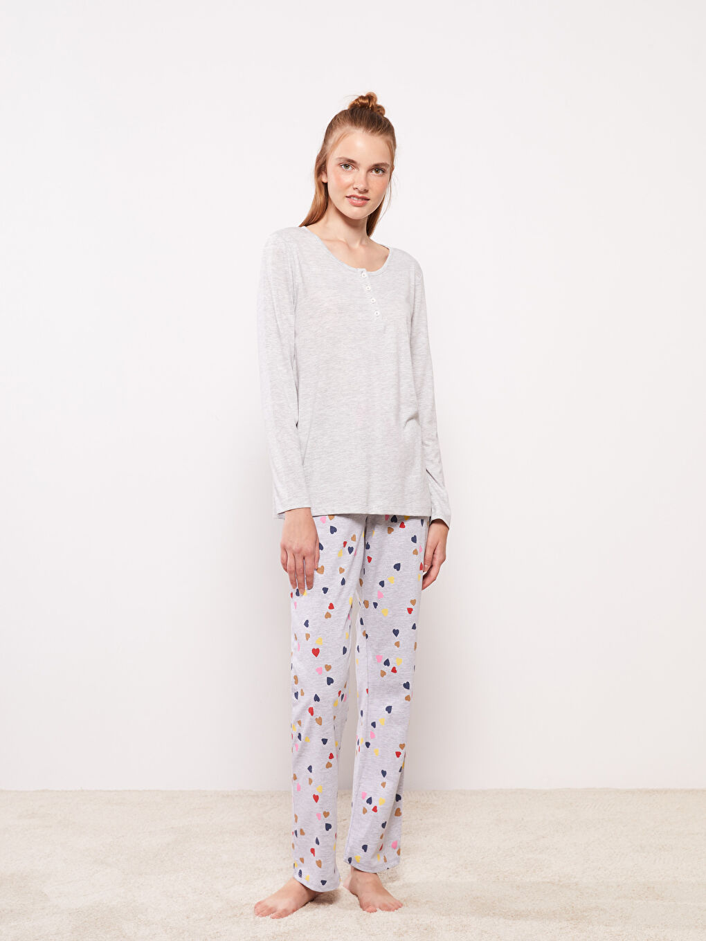 Gri Beli Lastikli Desenli Kadın Pijama Altı-1