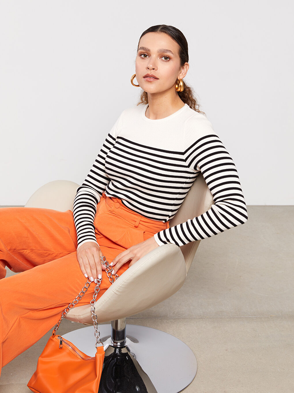 LCW Vision Crew Neck Striped Long Sleeve Women's Knitwear Sweater -W29266Z8-LEG