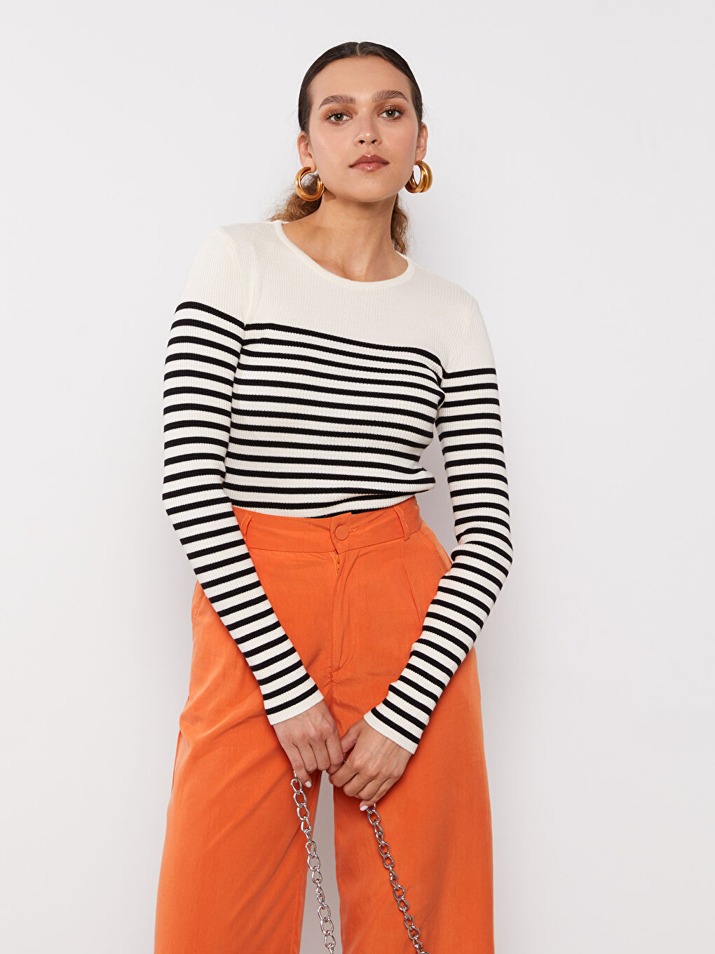LCW Vision Crew Neck Striped Long Sleeve Women's Knitwear Sweater -W29266Z8-LEG