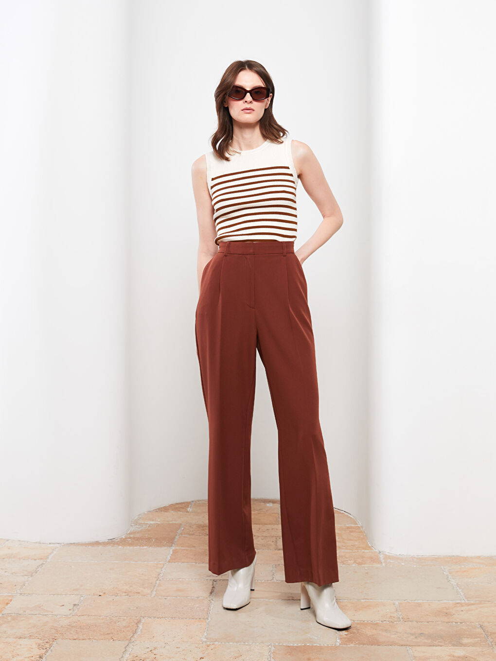 Bej Bisiklet Yaka Çizgili Kadın Triko Kazak-2