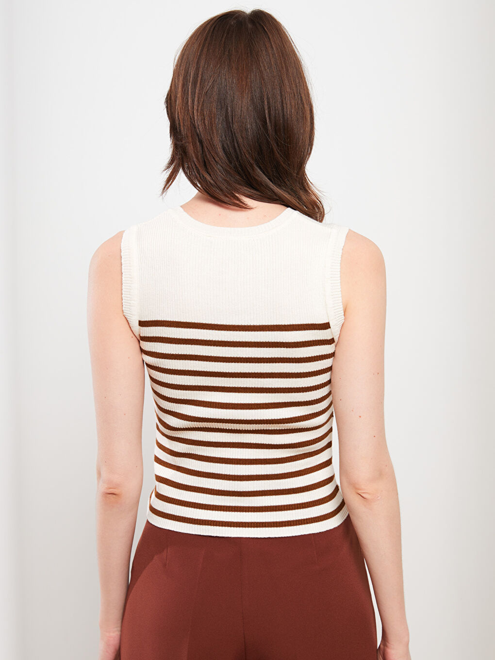 Bej Bisiklet Yaka Çizgili Kadın Triko Kazak-5