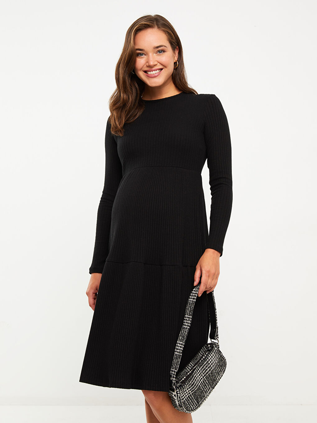 Siyah Bisiklet Yaka Düz Uzun Kollu Hamile Elbise